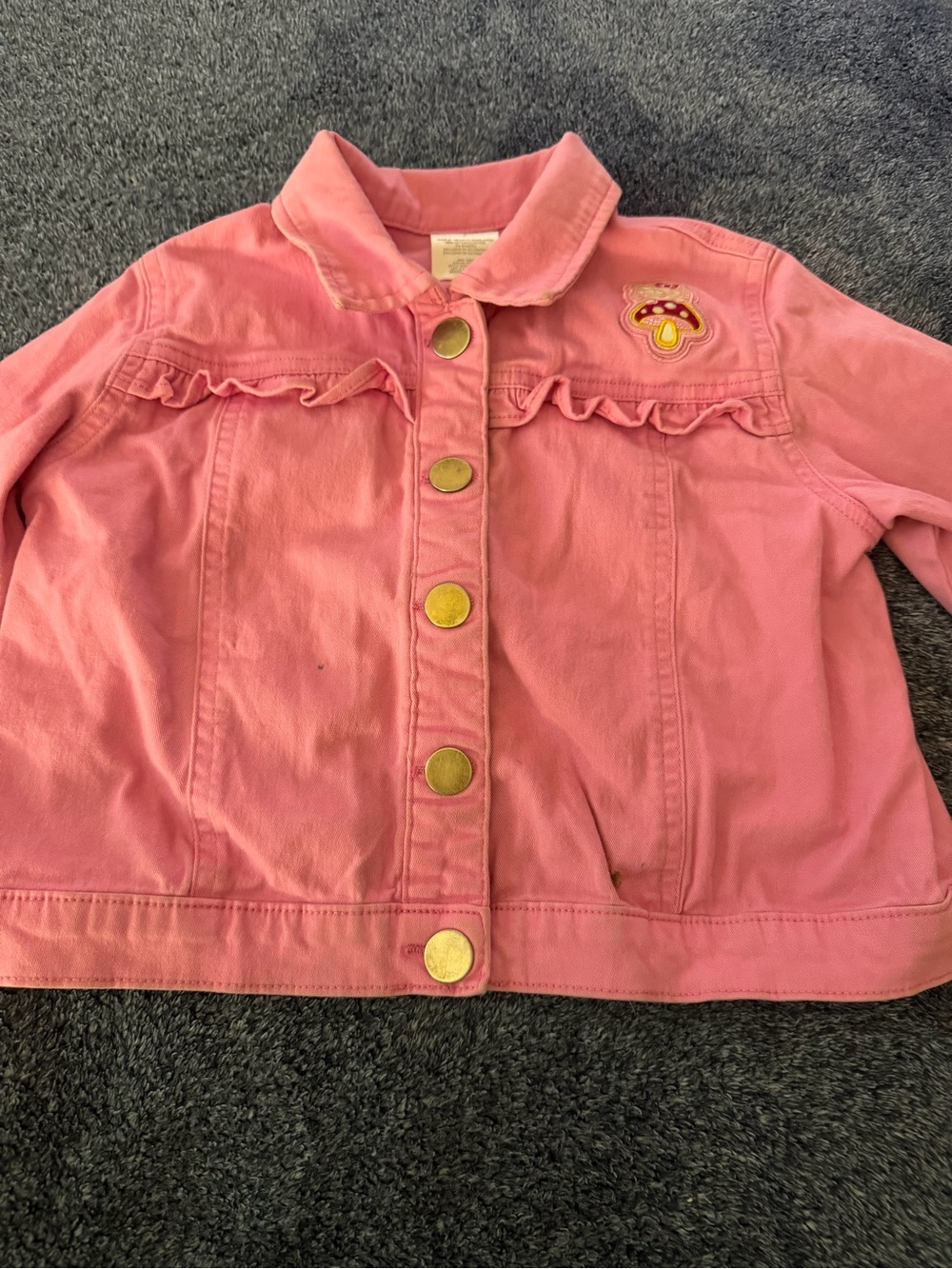 Hello Kitty Pink Denim Jean Jacket with Floral Bow and Mushroom Patch Girls Size